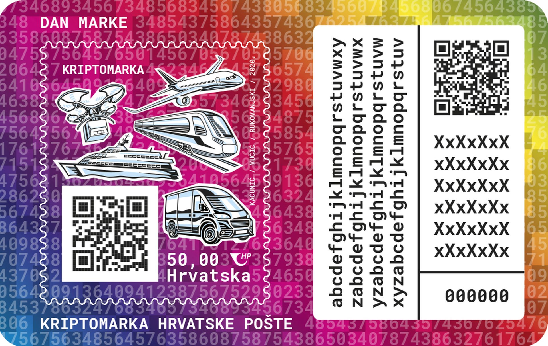 Zagreb, 8.9.2020 - Hrvatska pota æe u povodu Dana marke u srijedu pustiti u optjecaj prvu hrvatsku Kriptomarku, a ukupna naklada je 100.000 primjeraka. Marka je izdana u pet kategorija s pet razlièitih motiva koji prikazuju prijevozna sredstva: kombi, vlak, brod, zrakoplov i dron, stoji u priopæenju. 
foto HINA/ Hrvatska pota/ ua
