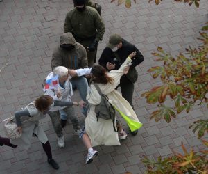 epa08657160 Belarus policemen detain a young lady protesting against arrest of the opposition leader Maria Kolesnikova during women's peaceful solidarity action in Minsk, Belarus, 09 September 2020. According to media reports citing eyewitnesses and fellow campaign members, Kolesnikova was detained by unidentified persons in Minsk on 07 September and taken to the border with Ukraine early 08 September to be deported, which she reportedly refused by ripping up her passport. The Belarusian State Border Committee confirmed the detention of Maria Kolesnikova on the border. According to reports, Kolesnikova and other opposition leader Maxim Znak, were arrested as suspects in a case on public calling to seize power in the country or acting to the detriment of state security.  EPA/STRINGER