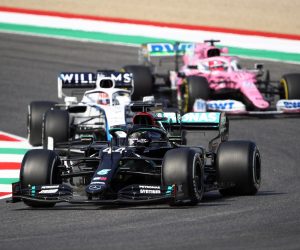 epa08661558 British Formula One driver Lewis Hamilton (front) of Mercedes-AMG Petronas in action during the second practice session of the Formula One Grand Prix of Tuscany at the race track in Mugello, Italy, 11 September 2020. The 2020 Formula One Grand Prix of Tuscany will take place on 13 September 2020.  EPA/Bryn Lennon / Pool