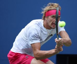 epa08662600 Alexander Zverev of Germany hits a return to Pablo Carreno Busta of Spain  during their Men's Semifinal match on the twelfth day of the US Open Tennis Championships the USTA National Tennis Center in Flushing Meadows, New York, USA, 11 September 2020. Due to the coronavirus pandemic, the US Open is being played without fans and runs from 31 August through 13 September.  EPA/JUSTIN LANE