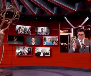 epa08685433 A handout photo made available by the Academy of Television Arts & Sciences shows Daniel Levy accepting the Emmy for Outstanding Writing for a Comedy Series for Schitt's Creek during the 72nd annual Primetime Emmy Awards ceremony in Los Angeles, California, USA, 20 September 2020. The Primetime Emmys Awards 2020 is the first major Hollywood ceremony to attempt a live broadcast amid the COVID-19 pandemic.  EPA/EMMY AWARDS / HANDOUT  HANDOUT EDITORIAL USE ONLY/NO SALES