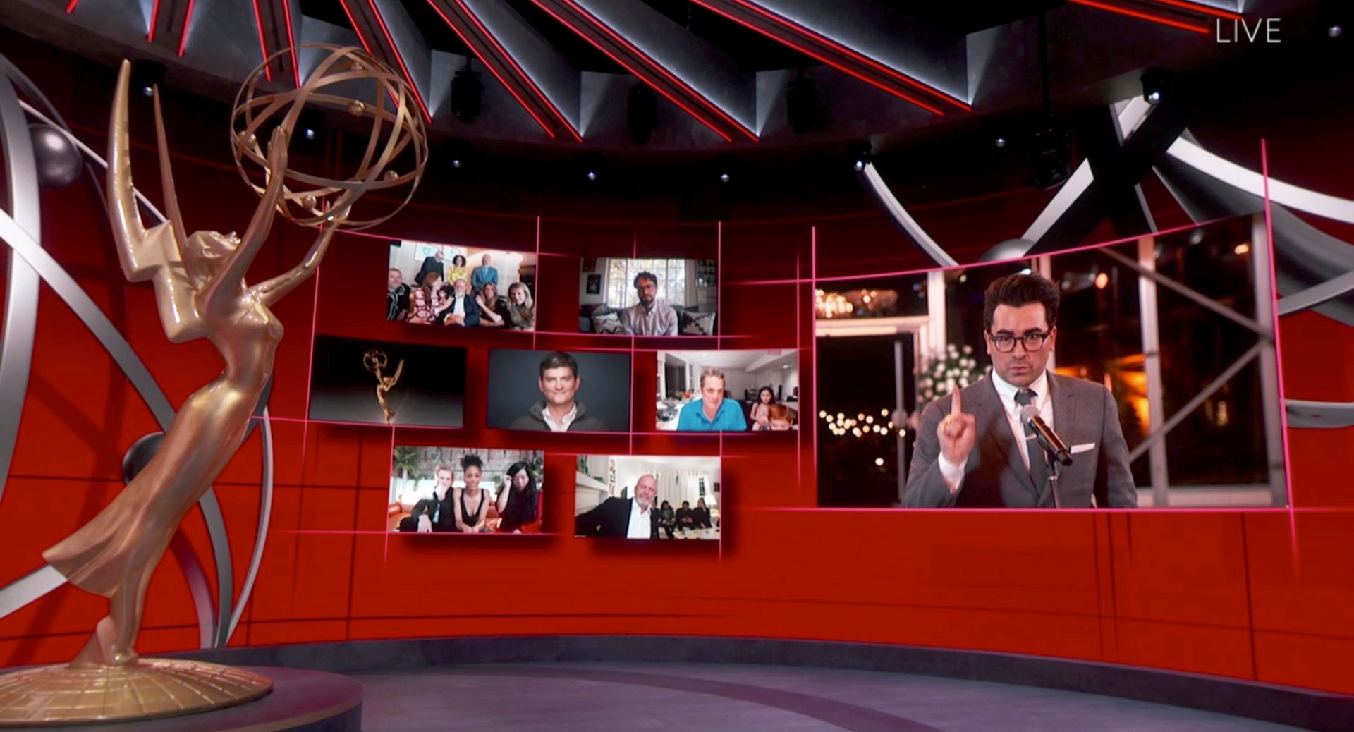 epa08685433 A handout photo made available by the Academy of Television Arts & Sciences shows Daniel Levy accepting the Emmy for Outstanding Writing for a Comedy Series for Schitt's Creek during the 72nd annual Primetime Emmy Awards ceremony in Los Angeles, California, USA, 20 September 2020. The Primetime Emmys Awards 2020 is the first major Hollywood ceremony to attempt a live broadcast amid the COVID-19 pandemic.  EPA/EMMY AWARDS / HANDOUT  HANDOUT EDITORIAL USE ONLY/NO SALES