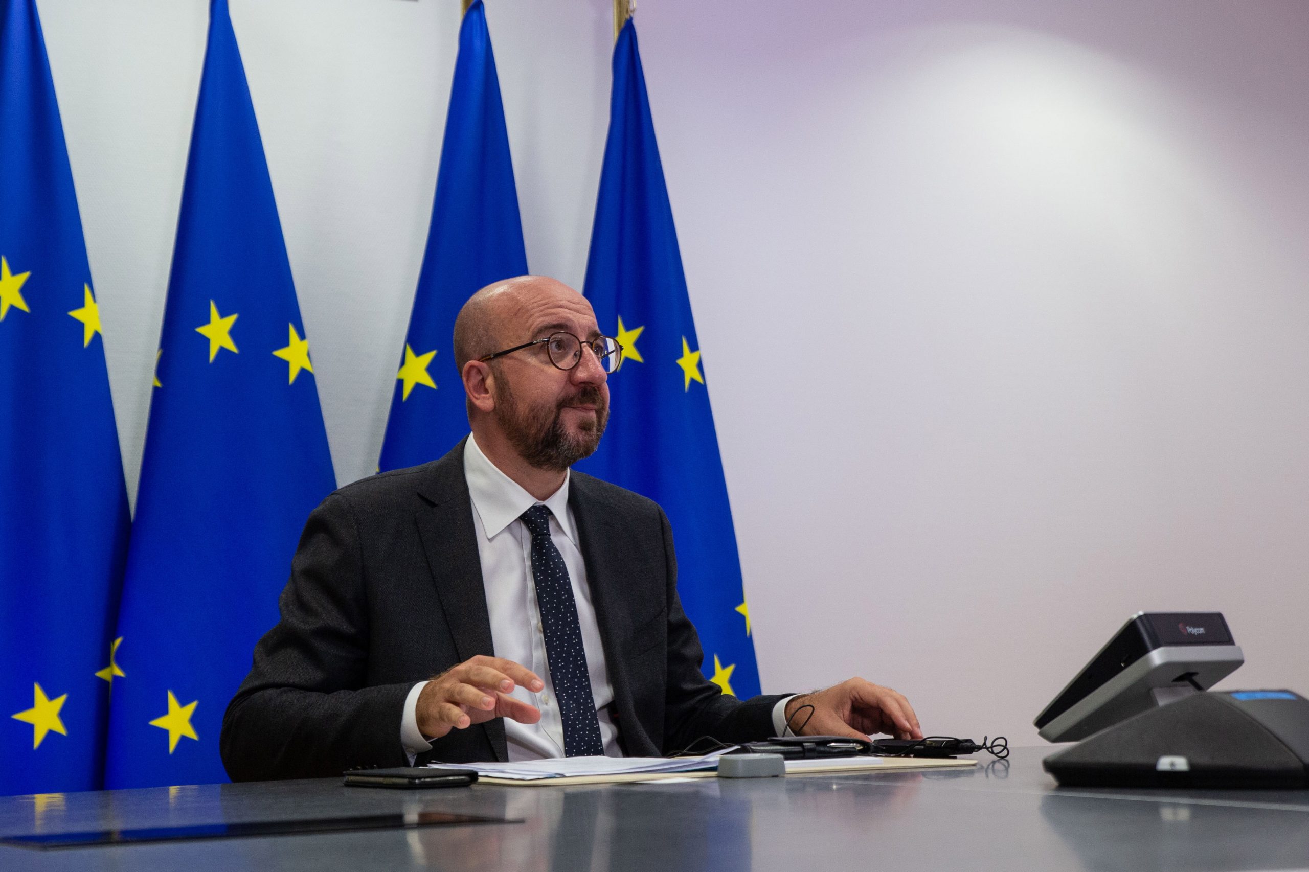 epa08688118 European Council President Charles Michel attends a video conference with the German Chancellor and the Turkish President, at the European Council Headquarters in Brussels, Belgium, 22 September 2020.  EPA/ARIS OIKONOMOU / POOL