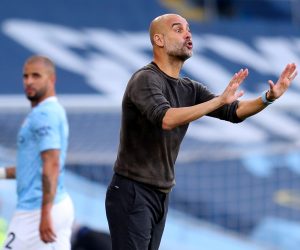 epa08701967 Manchester City manager Pep Guardiola gestures on the touchline during the English Premier League match between Manchester City and Leicester City in Manchester, Britain, 27 September 2020.  EPA/Cath Ivill / POOL EDITORIAL USE ONLY. No use with unauthorized audio, video, data, fixture lists, club/league logos or 'live' services. Online in-match use limited to 120 images, no video emulation. No use in betting, games or single club/league/player publications.