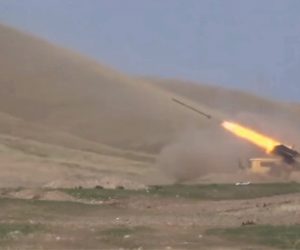 epa08704183 A still image taken from a handout video footage published 28 September 2020 on the official website or the Azerbaijan's Defence Ministry shows shows allegedly the Azerbaijani weapon strikes during a military operation at the contact line of the self-proclaimed Nagorno-Karabakh Republic (also known as Artsakh). Armed clashes erupted on 27 September 2020 in the simmering territorial conflict between Azerbaijan and Armenia over the Nagorno-Karabakh territory along the contact line of the self-proclaimed Nagorno-Karabakh Republic.  EPA/AZERBAIJAN DEFENCE MINISTRY / HANDOUT MANDATORY CREDIT / BEST QUALITY AVAILABLE HANDOUT EDITORIAL USE ONLY/NO SALES