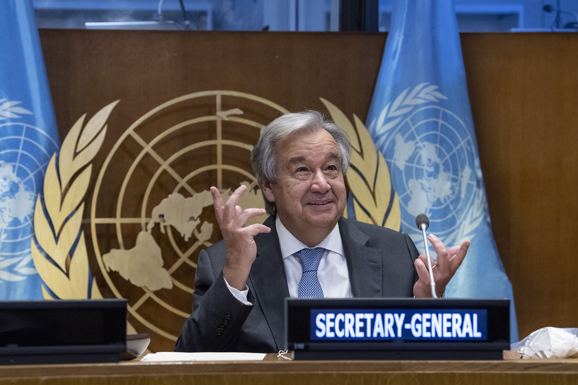epa08706689 A handout photo made available by the United Nations (UN) shows UN Secretary-General Antonio Guterres attend
a 'High-level meeting on financing the 2030 Agenda for Sustainable Development in the era of COVID-19 and beyond', on the sidelines of the General Assembly's seventy-fifth session during the 75th General Assembly of the United Nations, in New York, New York, USA, 29 September 2020. Due to the COVID-19 pandemic, the 75th General Assembly of the United Nations meetings are held mostly via videoconference.  EPA/ESKINDER DEBEBE/UN PHOTO / HANDOUT  HANDOUT EDITORIAL USE ONLY/NO SALES