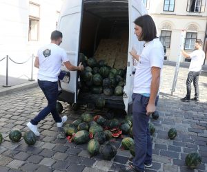 10.09.2020.,Zagreb - Europarlamentarac Ivan Vilibor Sincic izveo je danas neobican 'performans' na Markovu trgu, pred zgradom Vlade.Organizirao je da se ondje, pred vratima Vlade, iskrca hrpu lubenica, sve kako bi ukazao na neravnopravan polozaj hrvatskih i ostalih europskih poljoprivrednika.
Photo: Patrik Macek/PIXSELL