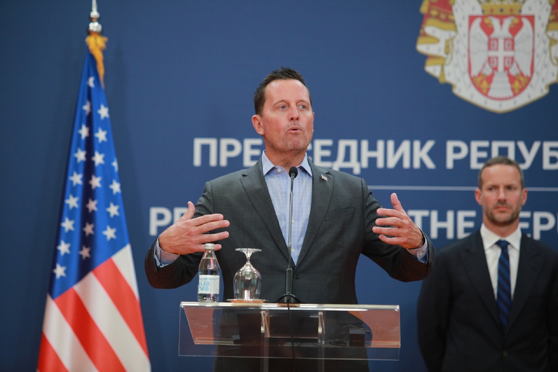 22, September, 2020, Belgrade - Press conference after the meeting of Serbian President Aleksandar Vucic and Prime Minister Ana Brnabic with US President's Special Envoy for Belgrade-Pristina Dialogue Richard Grenell and Executive Director of the International Development Finance Corporation Adam Boehler. Richard Grenell, Adam Boehler. Photo: Milos Tesic/ATAImages/PIXSELL

22, septembar, 2020, Beograd - Konferencija za novinare posle sastanak predsednika Srbije Aleksandra Vucica i premijerke Ane Brnabic sa specijalnim izaslanikom predsednika SAD za dijalog Beograd-Pristina Richardom Grenellom i izvrsnim direktorom Medjunarodne razvojne finansijske korporacije SAD Adamom Boehlerom. Photo: Milos Tesic/ATAImages/PIXSELL