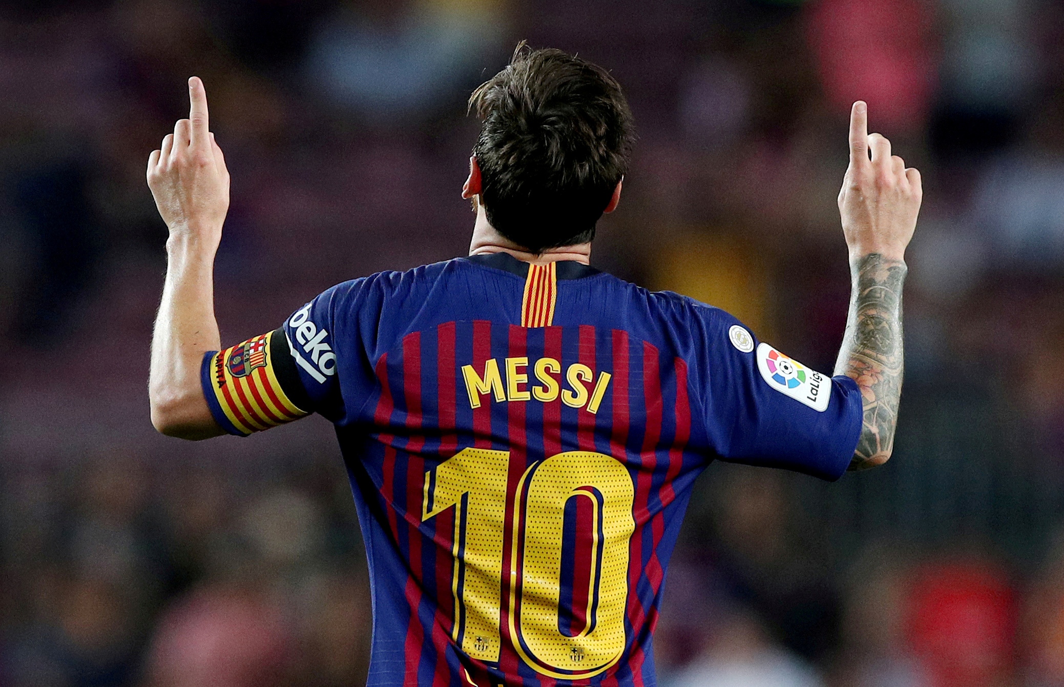 FILE PHOTO: La Liga Santander - FC Barcelona v Alaves FILE PHOTO: Soccer Football - La Liga Santander - FC Barcelona v Alaves - Camp Nou, Barcelona, Spain - August 18, 2018   Barcelona's Lionel Messi celebrates scoring their third goal    REUTERS/Albert Gea/File Photo Albert Gea