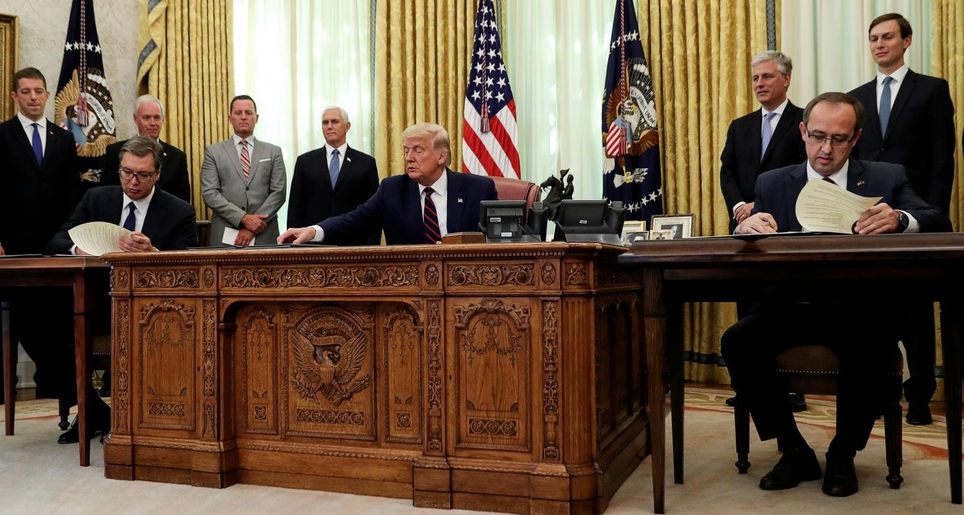 FILE PHOTO: U.S. President Trump hosts Serbia's President Vucic and Kosovo's Prime Minister Hoti at the White House in Washington FILE PHOTO: U.S. President Donald Trump speaks hosts a signing ceremony with Serbia's President Aleksandar Vucic and Kosovo's Prime Minister Avdullah Hoti at the White House in Washington, U.S., September 4, 2020. REUTERS/Leah Millis/File Photo Leah Millis