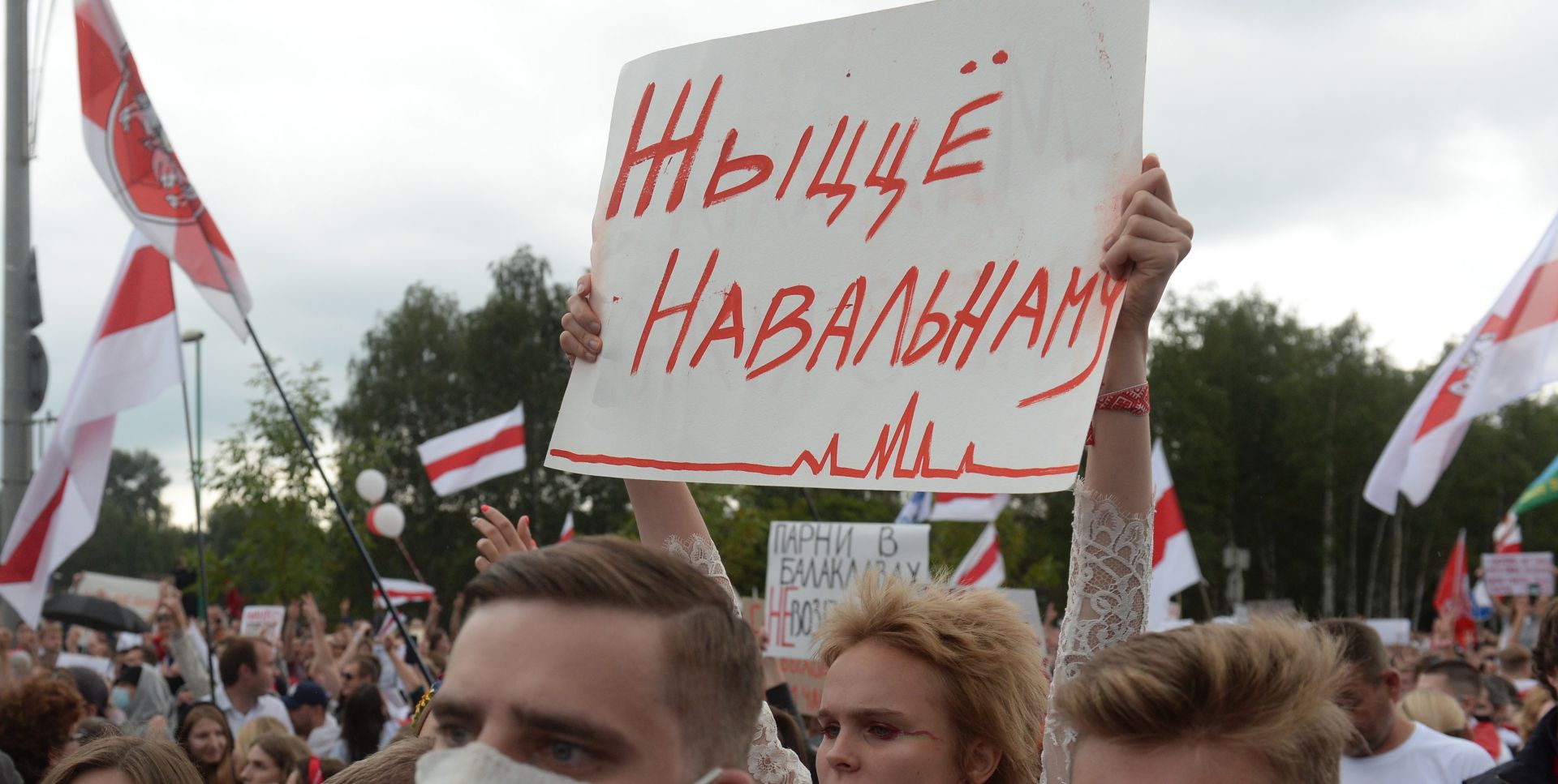 epa08651114 A woman holds a poster 'Life to Navalny' during a protest rally against the results of the presidential elections, Minsk, Belarus, 06 September 2020. Opposition activists continue their every day protest actions, demanding new elections under international observation. The German government on 02 September 2020 said 'the unequivocal proof' that Russian liberal opposition leader and a head of an anti-corruption foundation, Alexei Navalny was poisoned with a nerve agent from the Novichok group was established. Navalny is treated at the Charite hospital in Berlin since 22 August 2020. He was first placed in an hospital in Omsk, Russia, after he felt bad on board of a plane on his way from Tomsk to Moscow. The flight was interrupted and after landing in Omsk Navalny was delivered to hospital with a suspicion on a toxic poisoning.  EPA/STR