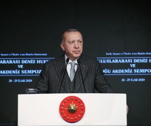 epa08703933 A handout photo made available by the Turkish President Press Office shows Turkish President Recep Tayyip Erdogan speaking during the East Mediterranean Symposium in Istanbul, Turkey, 28 September 2020.  EPA/TURKISH PRESIDENT PRESS OFFICE  HANDOUT EDITORIAL USE ONLY/NO SALES