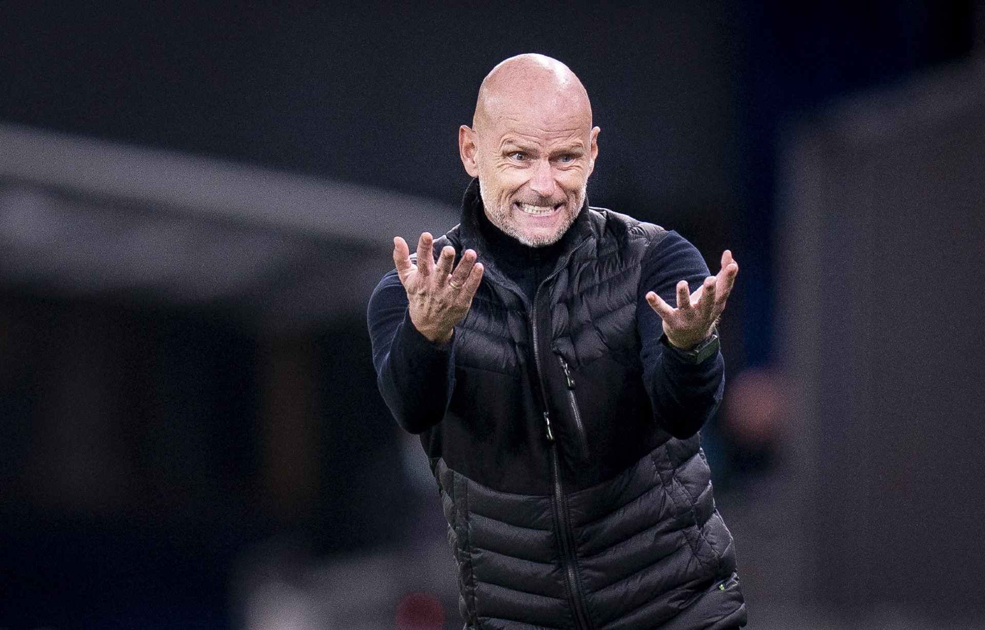 epa08713976 Copenhagen's head coach Staale Solbakken reacts during the UEFA Europa League playoff match between FC Copenhagen and HNK Rijeka in Copenhagen, Denmark, 01 October 2020.  EPA/LISELOTTE SABROE  DENMARK OUT