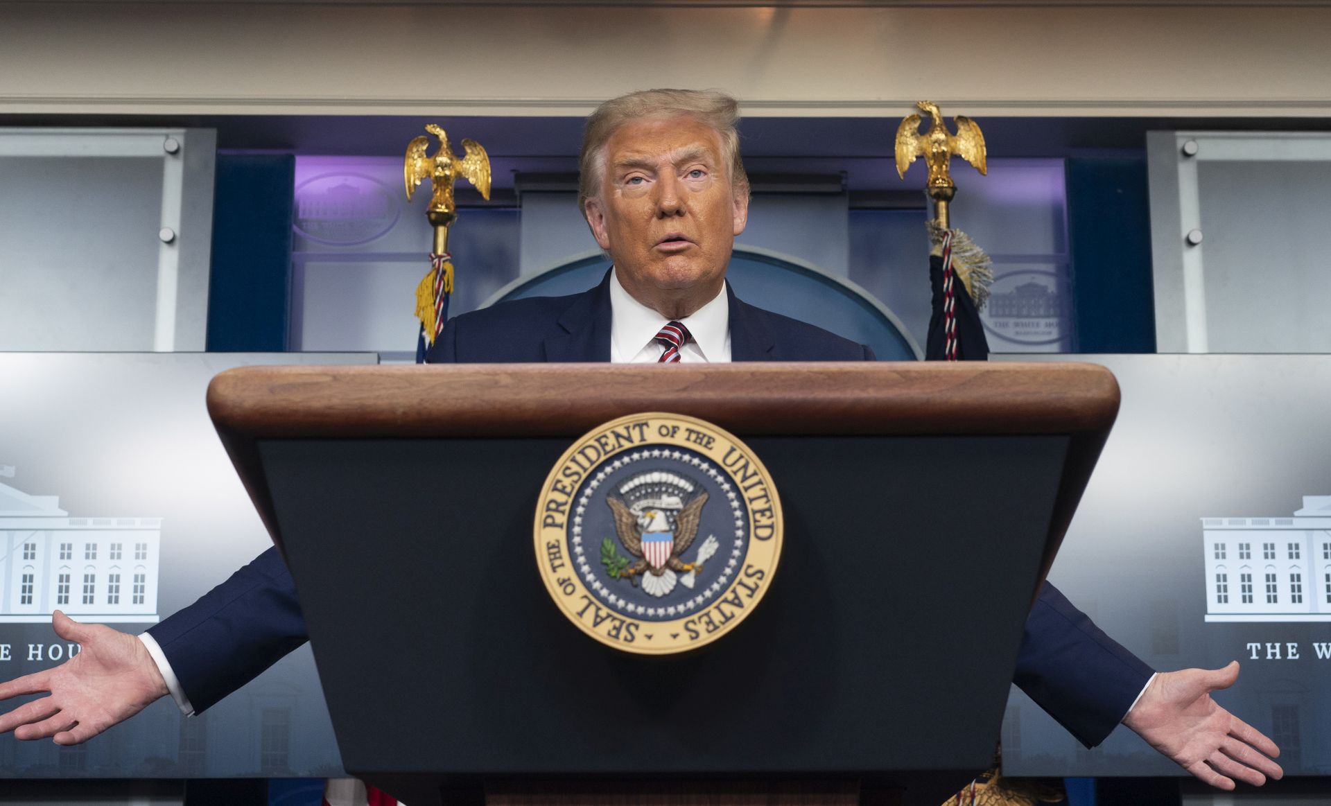 epa08714427 (FILE) - US President Donald J. Trump holds a news briefing at the White House in Washington, DC, USA, 27 September 2020 (reissued 02 October 2020). According to media reports, US President Donald Trump and First Lady Melania Trump have positive for the SARS-CoV-2 coronavirus. US Presidential Councelor Hope Hicks has also tested positive for the virus.  EPA/Chris Kleponis / POOL
