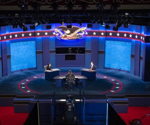 epa08724981 Preparations for the 2020 vice-presidential debate between US Vice President Mike Pence and Senator Kamala Harris are underway at the University of Utah's Kingsbury Hall in Salt Lake City, Utah, USA, 06 October 2020. The 2020 vice-presidential debate between US Vice President Mike Pence and Senator Kamala Harris will take place tomorrow 07 October 2020.  EPA/SHAWN THEW