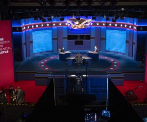 epa08724981 Preparations for the 2020 vice-presidential debate between US Vice President Mike Pence and Senator Kamala Harris are underway at the University of Utah's Kingsbury Hall in Salt Lake City, Utah, USA, 06 October 2020. The 2020 vice-presidential debate between US Vice President Mike Pence and Senator Kamala Harris will take place tomorrow 07 October 2020.  EPA/SHAWN THEW