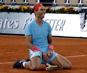 epa08736002 Rafael Nadal of Spain reacts after winning against Novak Djokovic of Serbia in their men’s final match during the French Open tennis tournament at Roland ​Garros in Paris, France, 11 October 2020.  EPA/YOAN VALAT