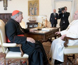 epa08737574 A handout picture provided by the Vatican Media shows Pope Francis speaking with Cardinal George Pell, Prefect Emeritus of the Secretariat for the Economy, during the audience he granted him, in Vatican City, 12 October 2020.  EPA/VATICAN MEDIA HANDOUT  HANDOUT EDITORIAL USE ONLY/NO SALES