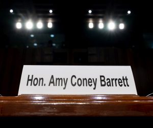 epa08737569 The witness table is set for Supreme Court nominee Judge Amy Coney Barrett to testify before the Senate Judiciary Committee on the first day of her Supreme Court confirmation hearing on Capitol Hill in Washington, DC, USA, 12 October 2020. Barrett was nominated by US President Donald J. Trump to fill the vacancy left by Justice Ruth Bader Ginsburg who passed away on 18 September 2020.  EPA/ERIN SCHAFF / POOL