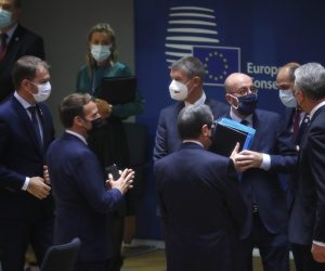 epa08749491 French President Emmanuel Macron (C-L) speaks with Czech Republic's Prime Minister Andrej Babis  during a round table meeting at an EU summit in Brussels, Belgium, 16 October 2020. European Union leaders meet for the second day of an EU summit, amid the worsening coronavirus pandemic, to discuss topics on foreign policy issues.  EPA/FRANCISCO SECO /POOL