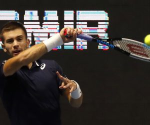 epa08750648 Borna Coric of Croatia in action against Reilly Opelka of the USA during their quarter final match of the St.Petersburg Open ATP tennis tournament in St.Petersburg, Russia, 16 October 2020.  EPA/ANATOLY MALTSEV