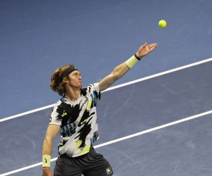 epa08752507 Andrey Rublev of Russia in action during his semi final match against Denis Shapovalov of Canada at the St.Petersburg Open ATP tennis tournament in St.Petersburg, Russia, 17 October 2020.  EPA/ANATOLY MALTSEV