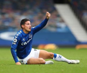 epa08752748 James Rodriguez of Everton reacts during the English Premier League match between Everton and Liverpool in Liverpool, Britain, 17 October 2020.  EPA/Cath Ivill / POOL EDITORIAL USE ONLY. No use with unauthorized audio, video, data, fixture lists, club/league logos or 'live' services. Online in-match use limited to 120 images, no video emulation. No use in betting, games or single club/league/player publications.