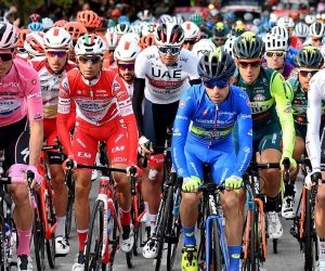 epa08761357 Riders at the departure of the 17th stage of the 2020 Giro d'Italia cycling race over 203 km from Bassano del Grappa to Madonna di Campiglio, Italy, 21 October 2020.  EPA/LUCA ZENNARO