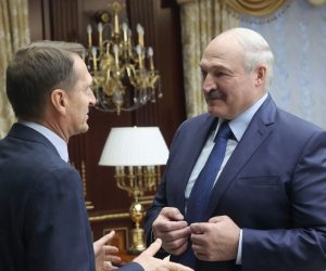epa08764923 Belarusian President Alexander Lukashenko (R), talks to Sergei Naryshkin (L), head of the Russian Foreign Intelligence Service, during their meeting in Minsk, Belarus, 22 October 2020.  EPA/NIKOLAI PETROV / POOL MANDATORY CREDIT