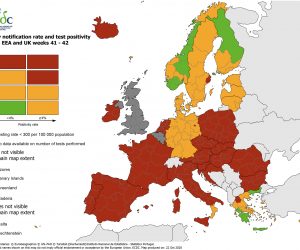 Stockholm, 22.10.2020.- Italija i Austrija  pridruile su se brojnim zemljama EU svrstanima u crvene zone u èetvrtak u auriranoj verziji europskih mapa preporuka kretanja. Karta koju je izradio Europski centar za kontrolu i prevenciju bolesti (ECDC) oobuhvaæa 27 zemalja Europske unije, Veliku Britaniju i èlanice Europskog gospodarskog prostora poput Norveke i Islanda, ukupno tridesetak drava. 
foto HINA/ ECDC [2005-2019]/ ua