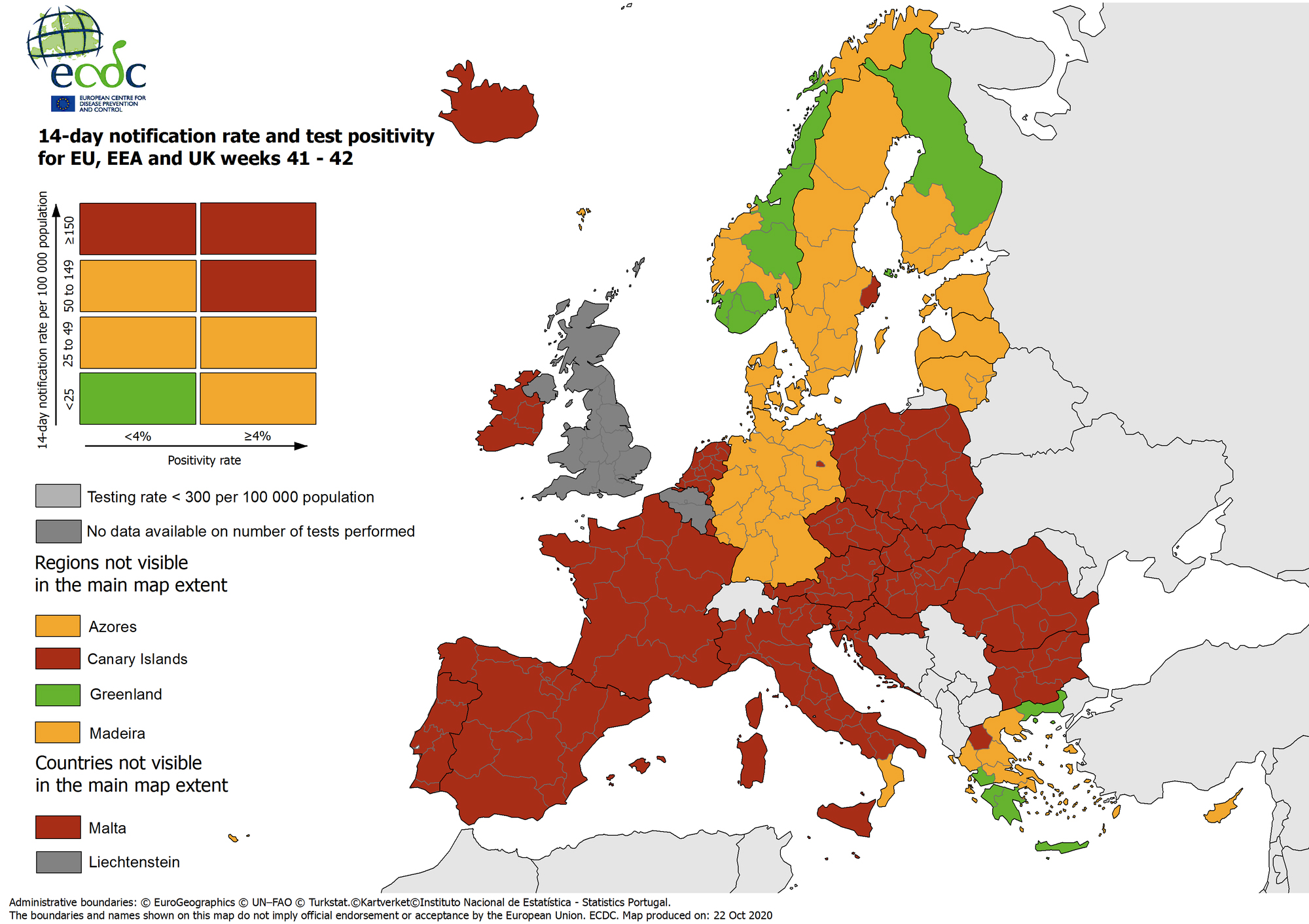Stockholm, 22.10.2020.- Italija i Austrija  pridruile su se brojnim zemljama EU svrstanima u crvene zone u èetvrtak u auriranoj verziji europskih mapa preporuka kretanja. Karta koju je izradio Europski centar za kontrolu i prevenciju bolesti (ECDC) oobuhvaæa 27 zemalja Europske unije, Veliku Britaniju i èlanice Europskog gospodarskog prostora poput Norveke i Islanda, ukupno tridesetak drava. 
foto HINA/ ECDC [2005-2019]/ ua
