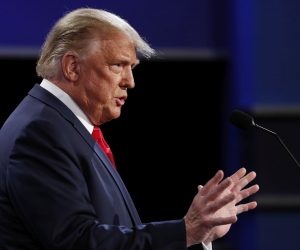 epa08766648 US President Donald J. Trump speaks as he and Democratic candidate Joe Biden participate in the presidential debate in the Curb Event Center at Belmont University in Nashville, Tennessee, USA, 22 October 2020. The debate is the final debate between US President Donald J. Trump and Democratic candidate Joe Biden before the US election on 03 November.  EPA/SHAWN THEW