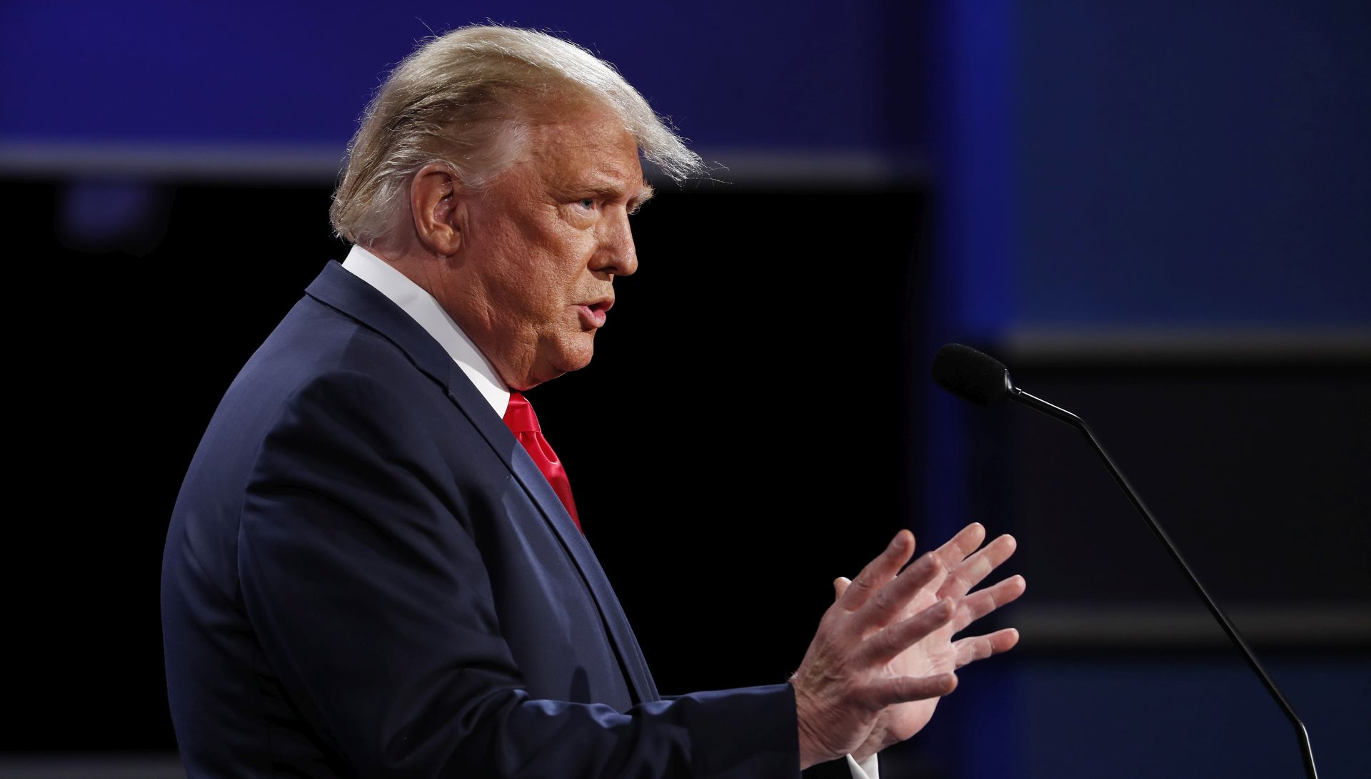 epa08766648 US President Donald J. Trump speaks as he and Democratic candidate Joe Biden participate in the presidential debate in the Curb Event Center at Belmont University in Nashville, Tennessee, USA, 22 October 2020. The debate is the final debate between US President Donald J. Trump and Democratic candidate Joe Biden before the US election on 03 November.  EPA/SHAWN THEW