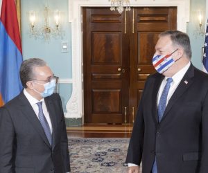 epa08768332 A handout photo made available by the US Department of State shows US Secretary of State Michael R. Pompeo (R) meeting with Armenian Foreign Minister Zohrab Mnatsakanyan at the State Department in Washington, DC, USA, 23 October 2020. Azerbaijan and Armenia are currently engaged in an armed territorial conflict over the Nagorno-Karabakh territory along the contact line of the self-proclaimed Nagorno-Karabakh Republic (also known as Artsakh).  EPA/Freddie Everett / US DEPARTMENT OF STATE HANDOUT  HANDOUT EDITORIAL USE ONLY/NO SALES