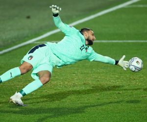 epa08745584 Italy's goalkeeper Gianluigi Donnarumma in action during the UEFA Nations League soccer match between Italy and Netherlands, Bergamo, Italy, 14 October 2020.  EPA/PAOLO MAGNI