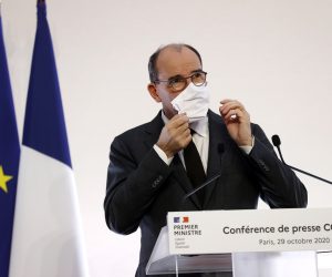 epa08783918 French Prime Minister Jean Castex gestures as he delivers a speech in Paris, France, 29 October 2020, announcing the new lockdown measures in order to curb the spread of the coronavirus Covid-19 pandemic.  EPA/IAN LANGSDON / POOL