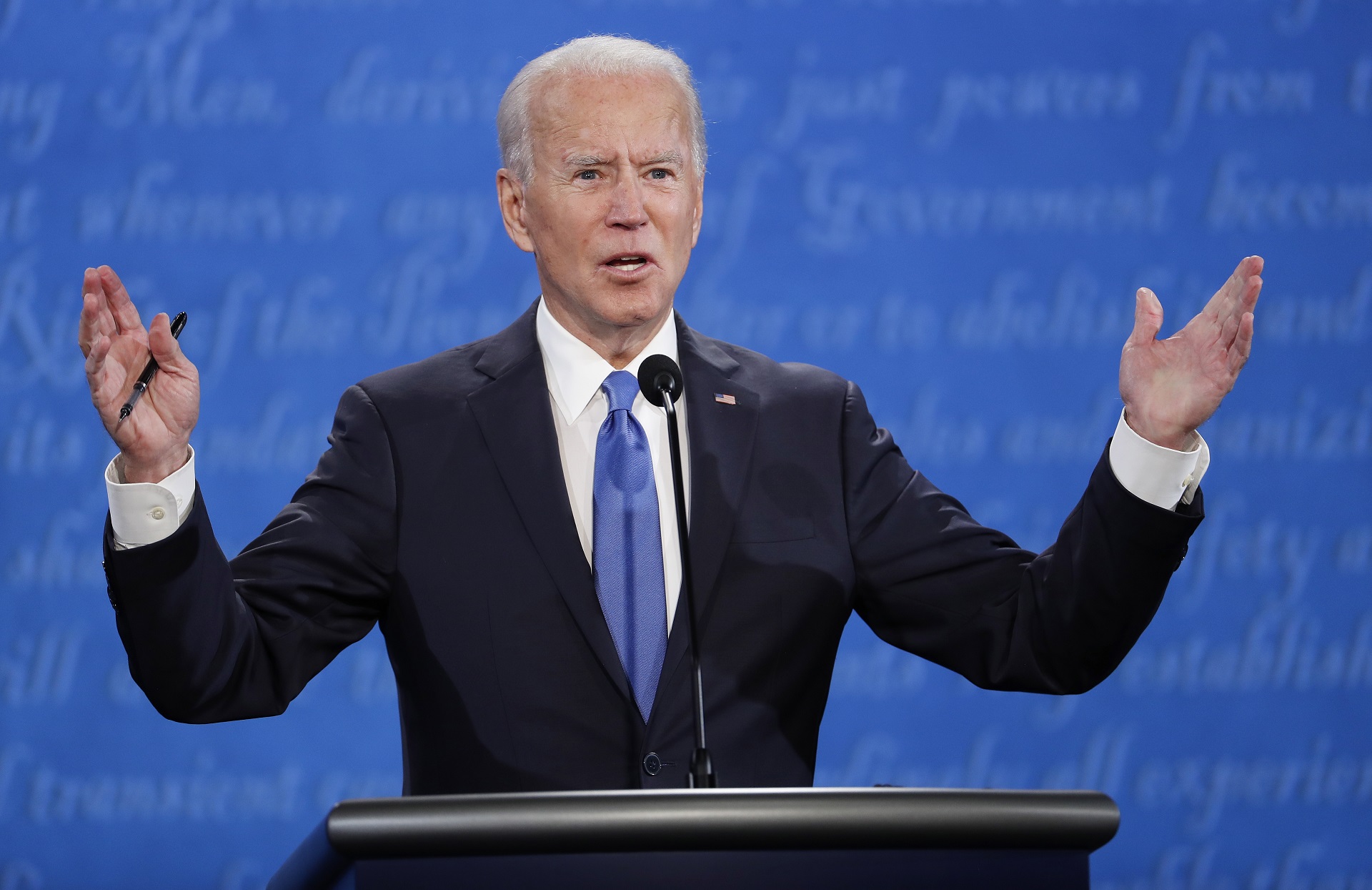 epa08766714 Democratic candidate Joe Biden speaks as he and US President Donald J. Trump participate in the presidential debate in the Curb Event Center at Belmont University in Nashville, Tennessee, USA, 22 October 2020. The debate is the final debate between US President Donald J. Trump and Democratic candidate Joe Biden before the US election on 03 November.  EPA/SHAWN THEW
