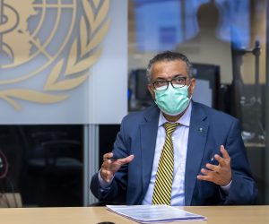 epa08747766 Tedros Adhanom Ghebreyesus, Director General of the World Health Organization (WHO), speaks during a visit of the Presidents of the Swiss Federal Chambers, at the World Health Organization (WHO) headquarters in Geneva, Switzerland, 15 October 2020.  EPA/MARTIAL TREZZINI