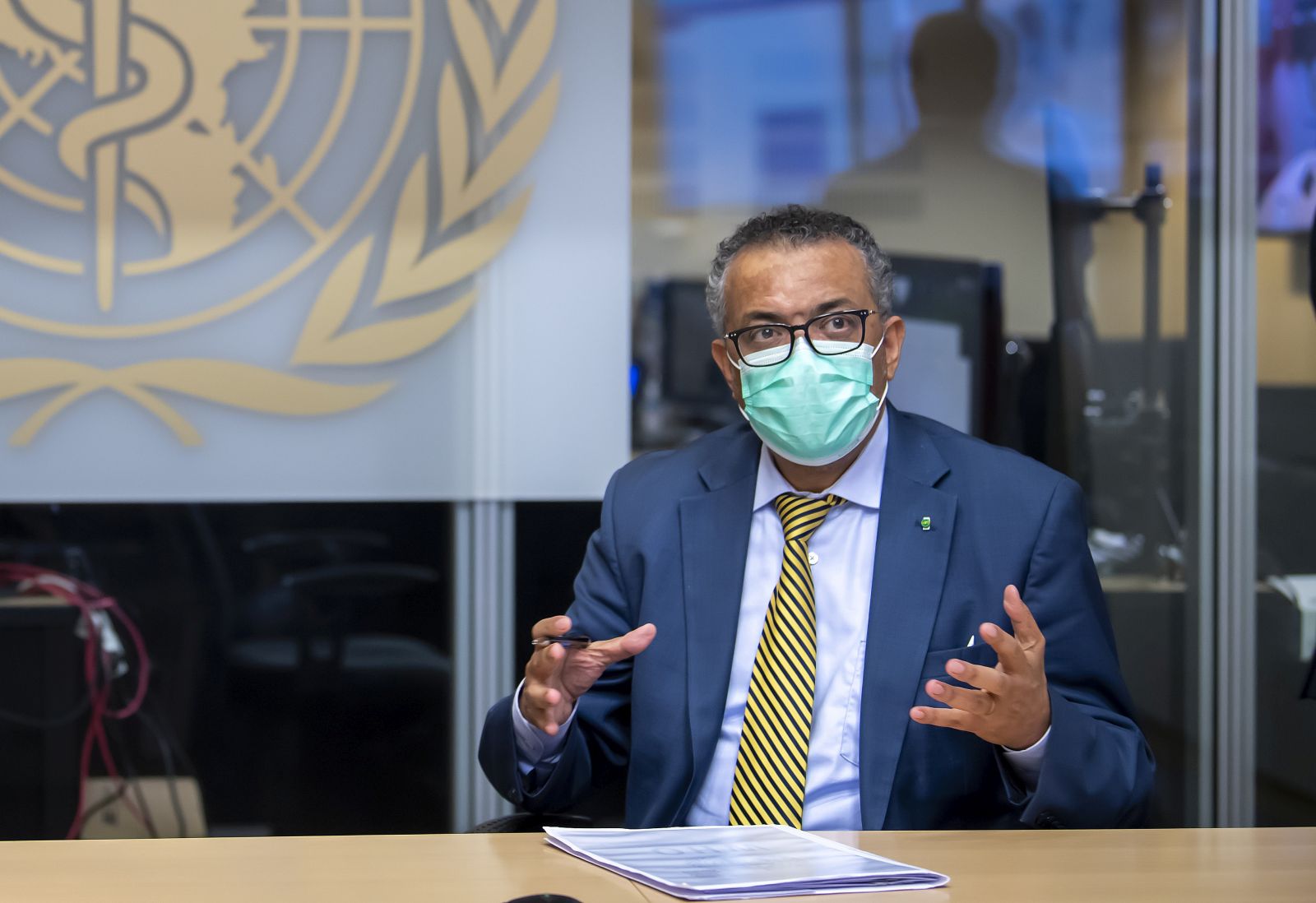 epa08747766 Tedros Adhanom Ghebreyesus, Director General of the World Health Organization (WHO), speaks during a visit of the Presidents of the Swiss Federal Chambers, at the World Health Organization (WHO) headquarters in Geneva, Switzerland, 15 October 2020.  EPA/MARTIAL TREZZINI