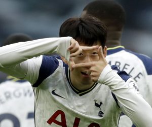 epa08755567 Tottenham's Son Heung-min celebrates after scoring the 1-0 lead during the English Premier League soccer match between Tottenham Hotspur and West Ham United in London, Britain, 18 October 2020.  EPA/Matt Dunham / POOL EDITORIAL USE ONLY. No use with unauthorized audio, video, data, fixture lists, club/league logos or 'live' services. Online in-match use limited to 120 images, no video emulation. No use in betting, games or single club/league/player publications.