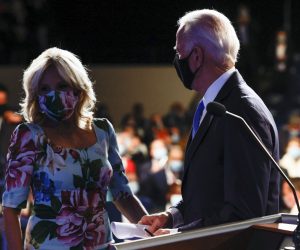 epa08766830 Democratic presidential candidate Joe Biden (R) is greeted by his wife, Dr. Jill Biden (L) after the final presidential debate at Belmont University in Nashville, Tennessee, USA, 22 October 2020. This was the last debate between the US President Donald Trump and Democratic presidential nominee Joe Biden before the upcoming presidential election on 03 November.  EPA/JIM BOURG / POOL