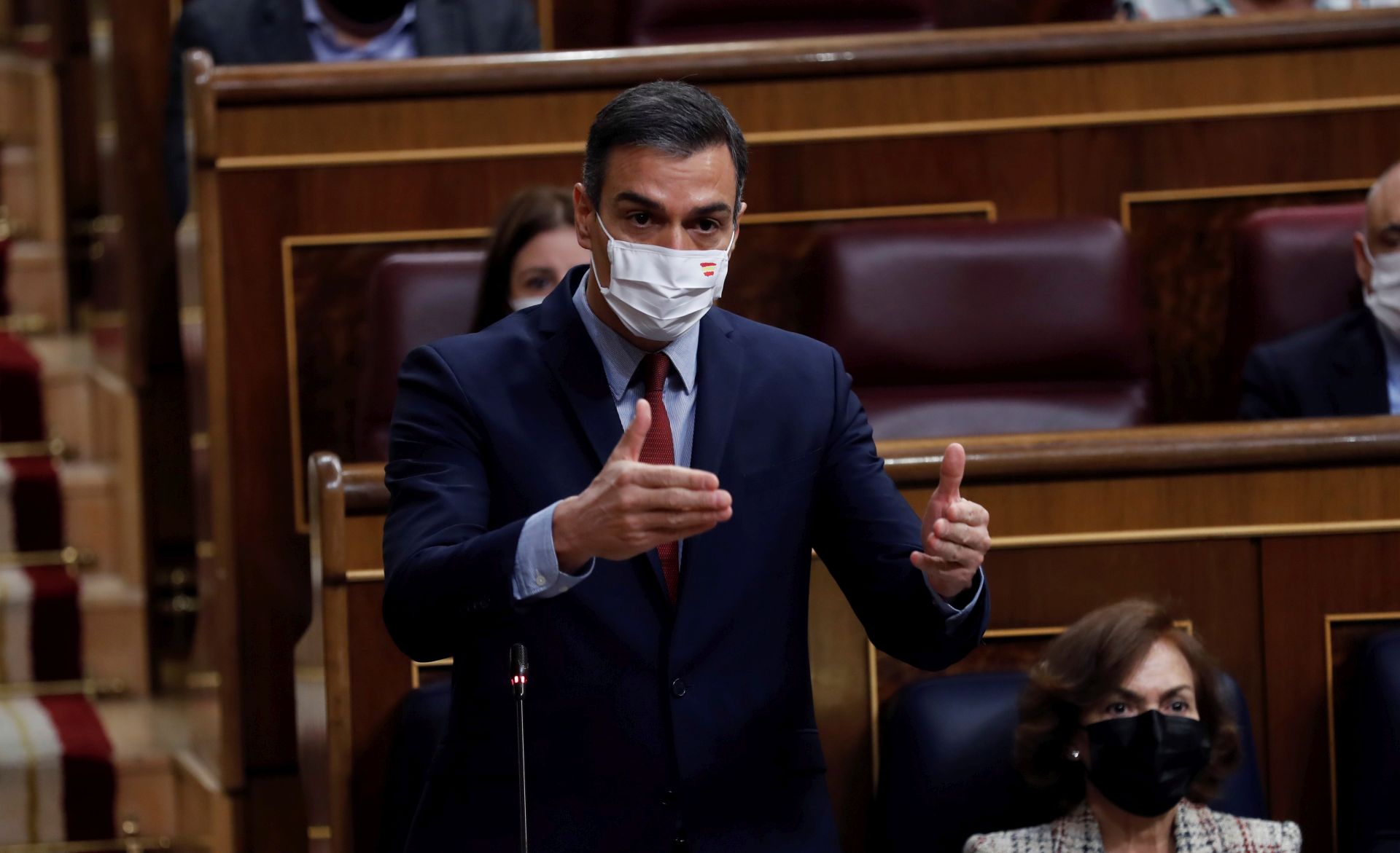 epa08779787 Spanish Prime Minister Pedro Sanchez speaks during the question time at the Lower House in Madrid, Spain, 28 October 2020, a day ahead the central Government will take to Parliament the ectension of the state of alarm issued for regional GOvernments to impose restrictions in order to stop the coronavirus spread.  EPA/Chema Moya