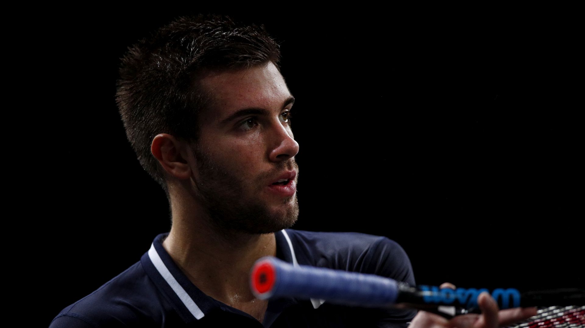 epa08792779 Borna Coric of Croatia in action during his first round match against Marton Fucsovics of Hungary at the Rolex Paris Masters tennis tournament in Paris, France, 02 November 2020.  EPA/YOAN VALAT