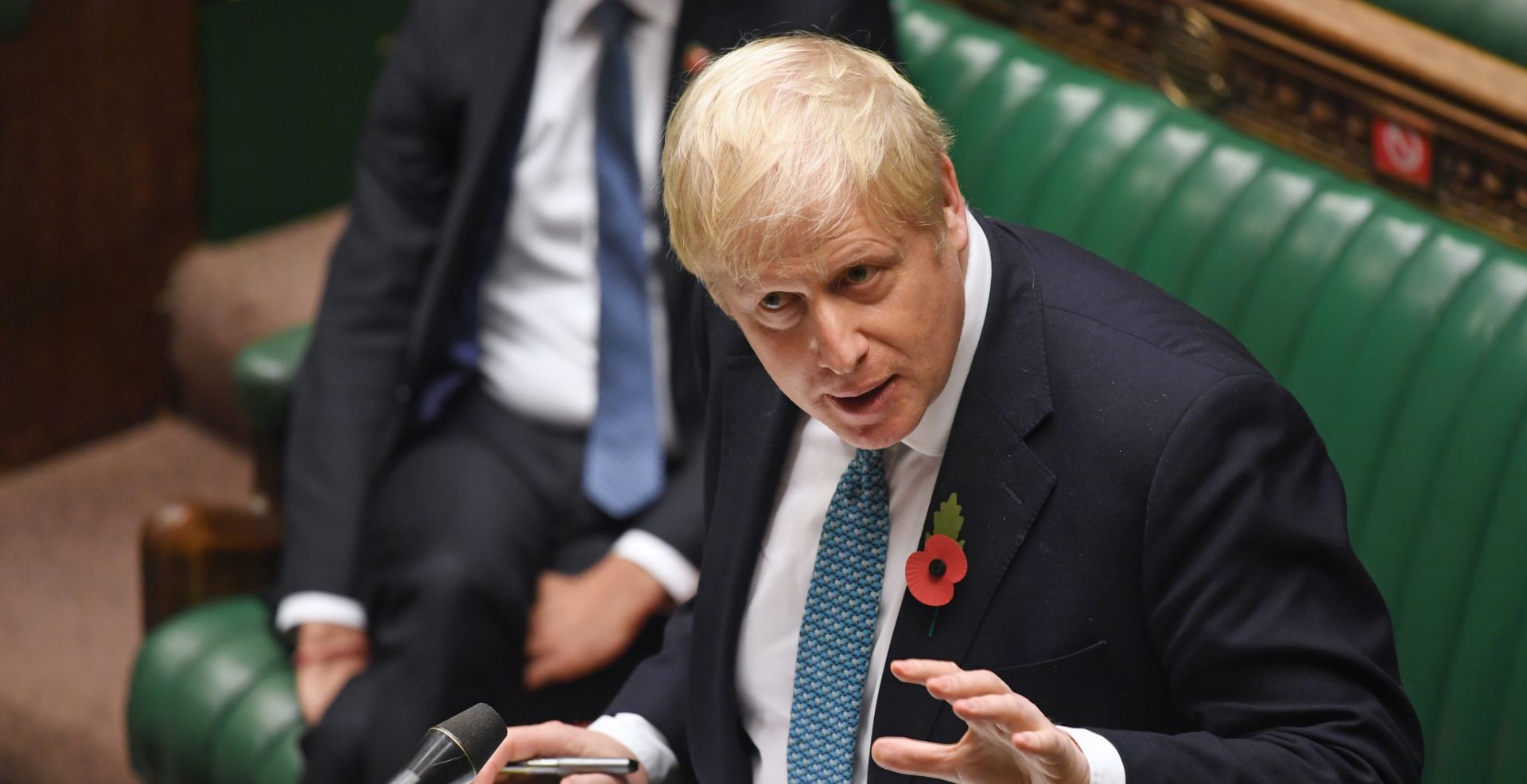 epa08793643 A handout photograph released by the UK Parliament shows Britain's Prime Minister, Boris Johnson giving a statement on the new lockdown measures in the House of Commons Chamber in London, Britain, 02 November 2020.  EPA/JESSICA TAYLOR / UK PARLIAMENT HANDOUT MANDATORY CREDIT: JESSICA TAYLOR / UK PARLIAMENT HANDOUT EDITORIAL USE ONLY/NO SALES
