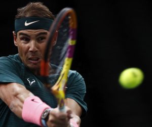 epa08800726 Rafael Nadal of Spain in action during his round of sixteen match against Jordan Thompson of Australia at the Rolex Paris Masters 2020 tennis tournament in Paris, France, 05 November 2020.  EPA/YOAN VALAT