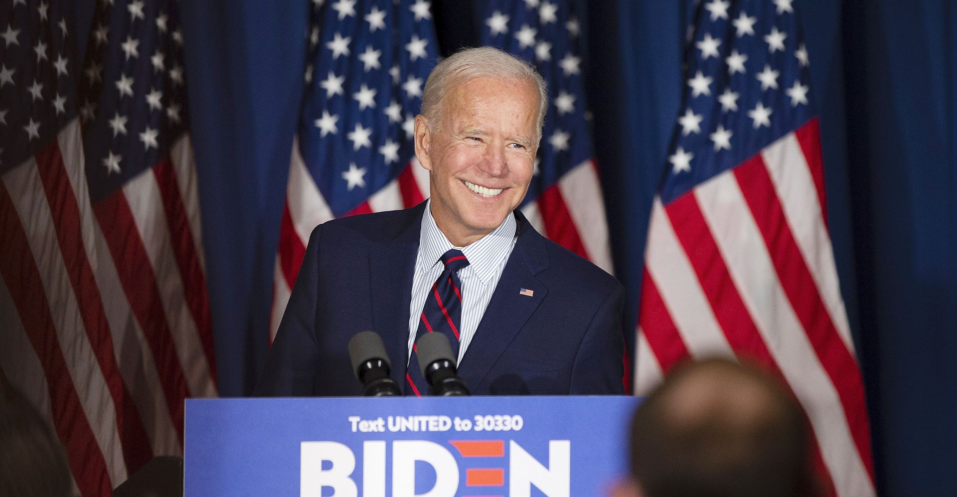 epa08802769 (FILE) - Democratic candidate for United States President, Former Vice President Joe Biden, smiles as he prepares to make a speech during a campaign stop at the Governor's Inn in Rochester, New Hampshire, USA, 09 October 2019 (reissued 06 November 2020). According to media reports citing election officials, Biden has taken the lead in Pennsylvania. An official win of the state would push Biden over the 270 electoral votes necessary to become the 46th President of the United States. *** Local Caption *** 55537332  EPA/CJ GUNTHER *** Local Caption *** 55537332