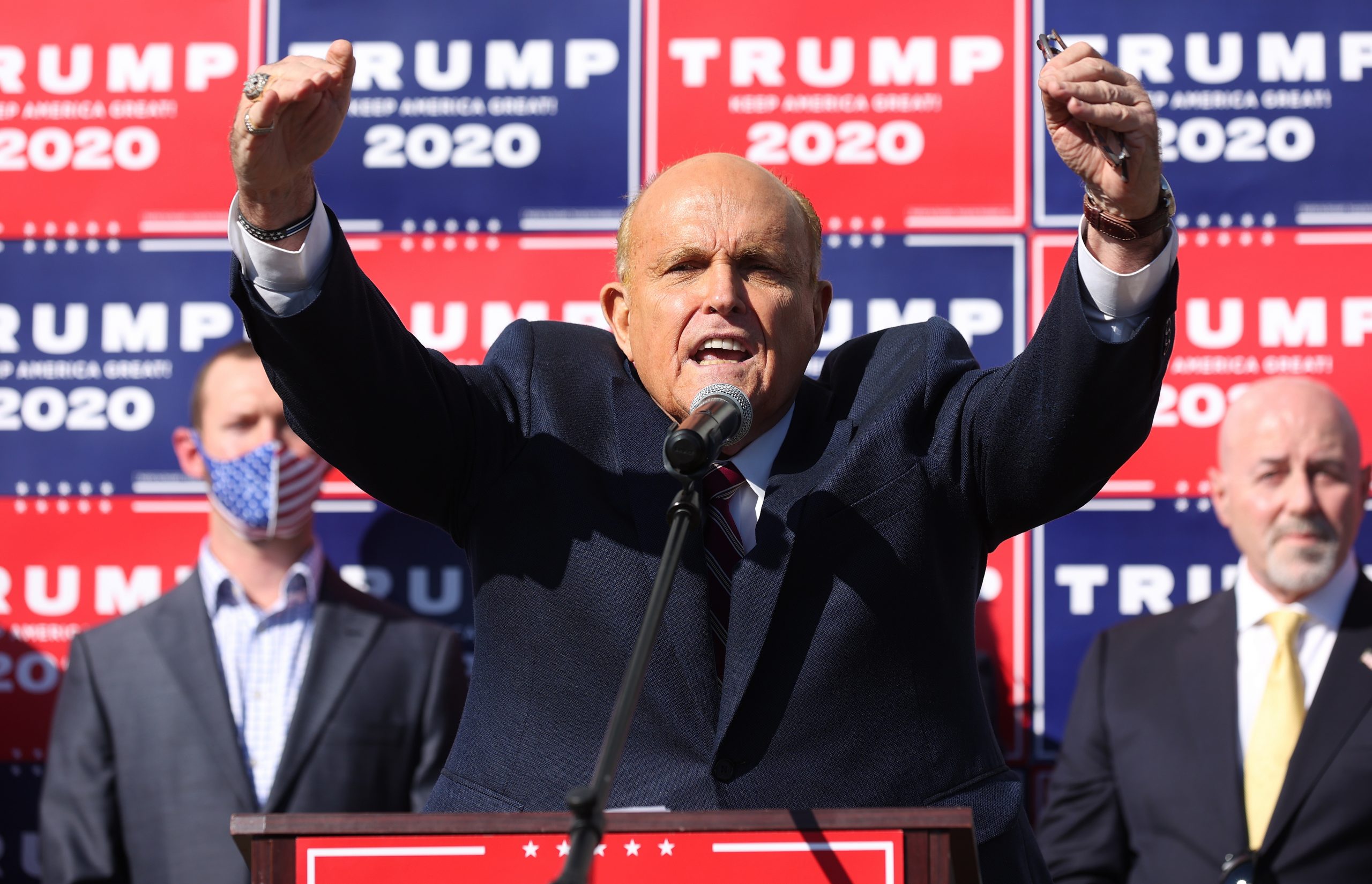 epa08805231 Trump lawyer Rudy Giuliani speaks during a press conference after Joe Biden was declared as winner of the 2020 Presidential Election in Philadelphia, Pennsylvania, USA, 07 November 2020.  EPA/JUSTIN LANE