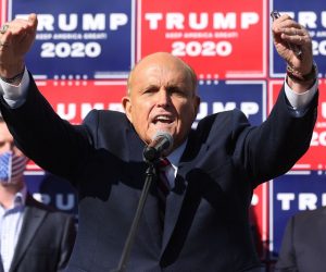 epa08805231 Trump lawyer Rudy Giuliani speaks during a press conference after Joe Biden was declared as winner of the 2020 Presidential Election in Philadelphia, Pennsylvania, USA, 07 November 2020.  EPA/JUSTIN LANE