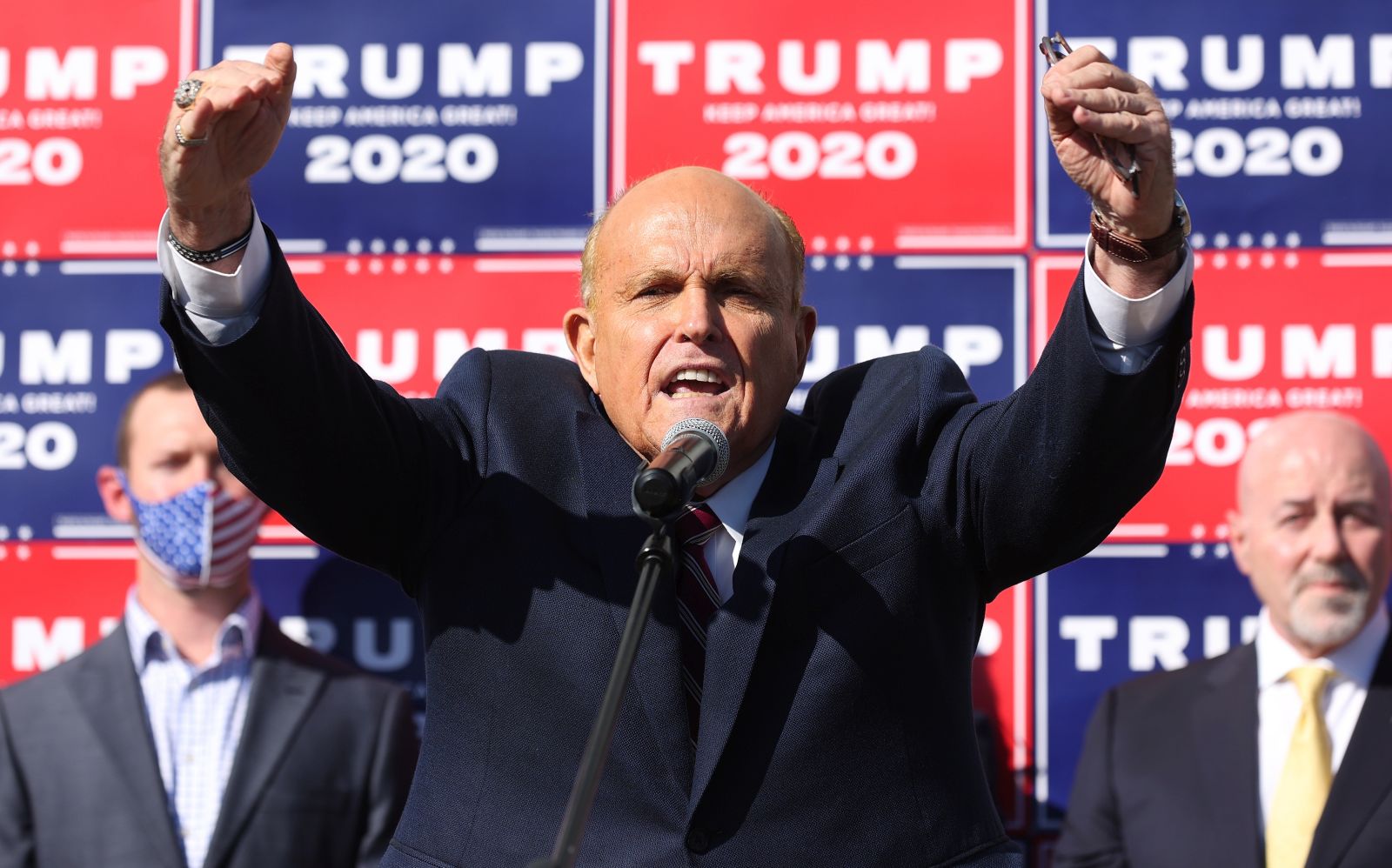 epa08805231 Trump lawyer Rudy Giuliani speaks during a press conference after Joe Biden was declared as winner of the 2020 Presidential Election in Philadelphia, Pennsylvania, USA, 07 November 2020.  EPA/JUSTIN LANE