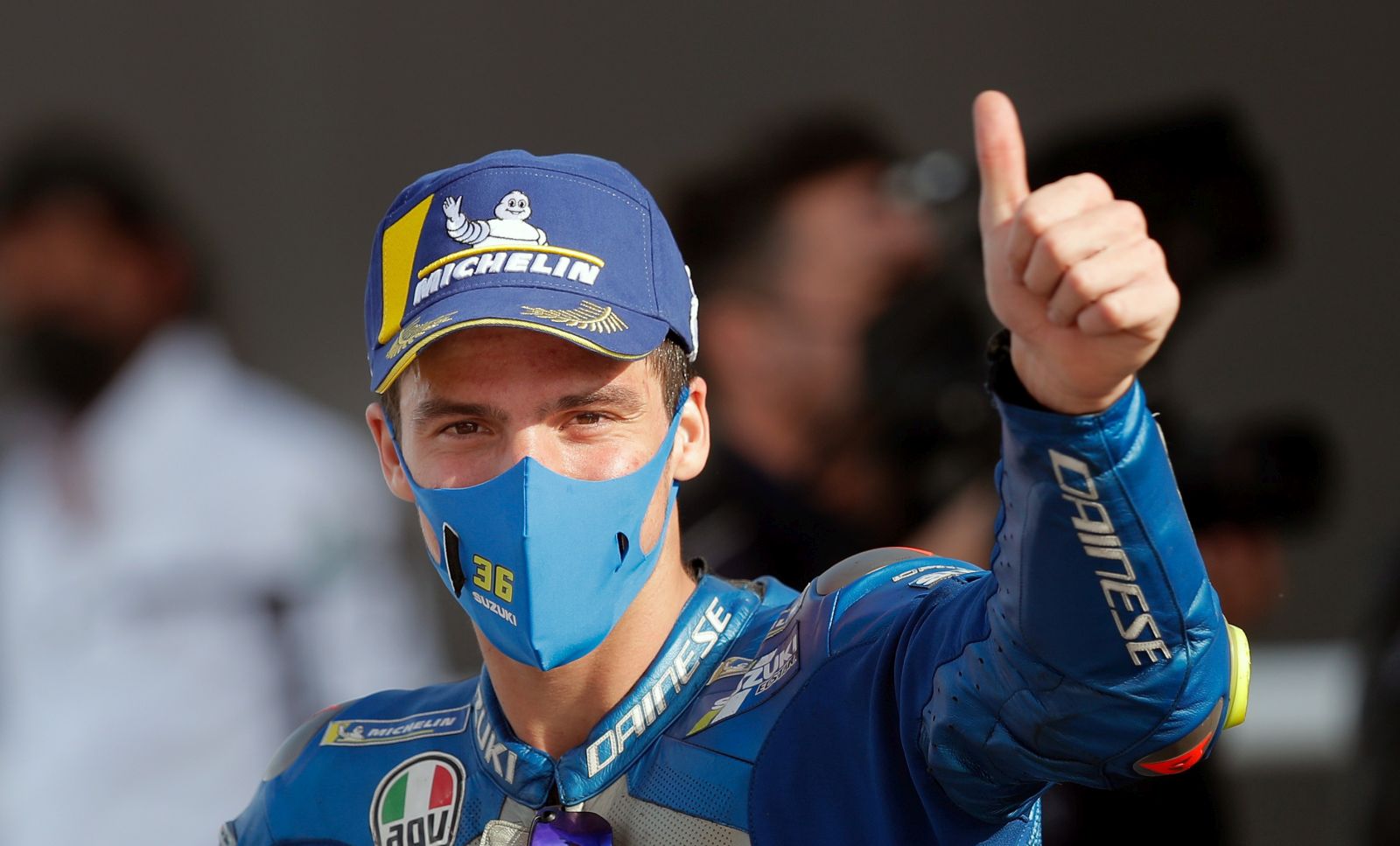 epa08807548 Spanish MotoGP rider Joan Mir, Suzuki Ecstar, celebrates winning the Motorcycling Grand Prix of Europe at Ricardo Tormo circuit in Cheste, eastern Spain, 08 November 2020.  EPA/Kai Foersterling